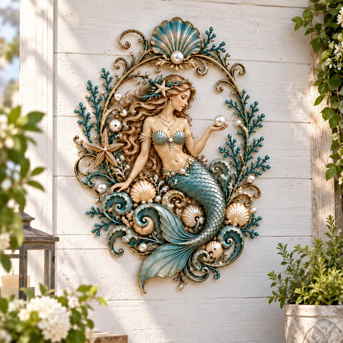 Mermaid & Pearl Ocean Metal Wall Decor – Coastal Beach House Wall Art