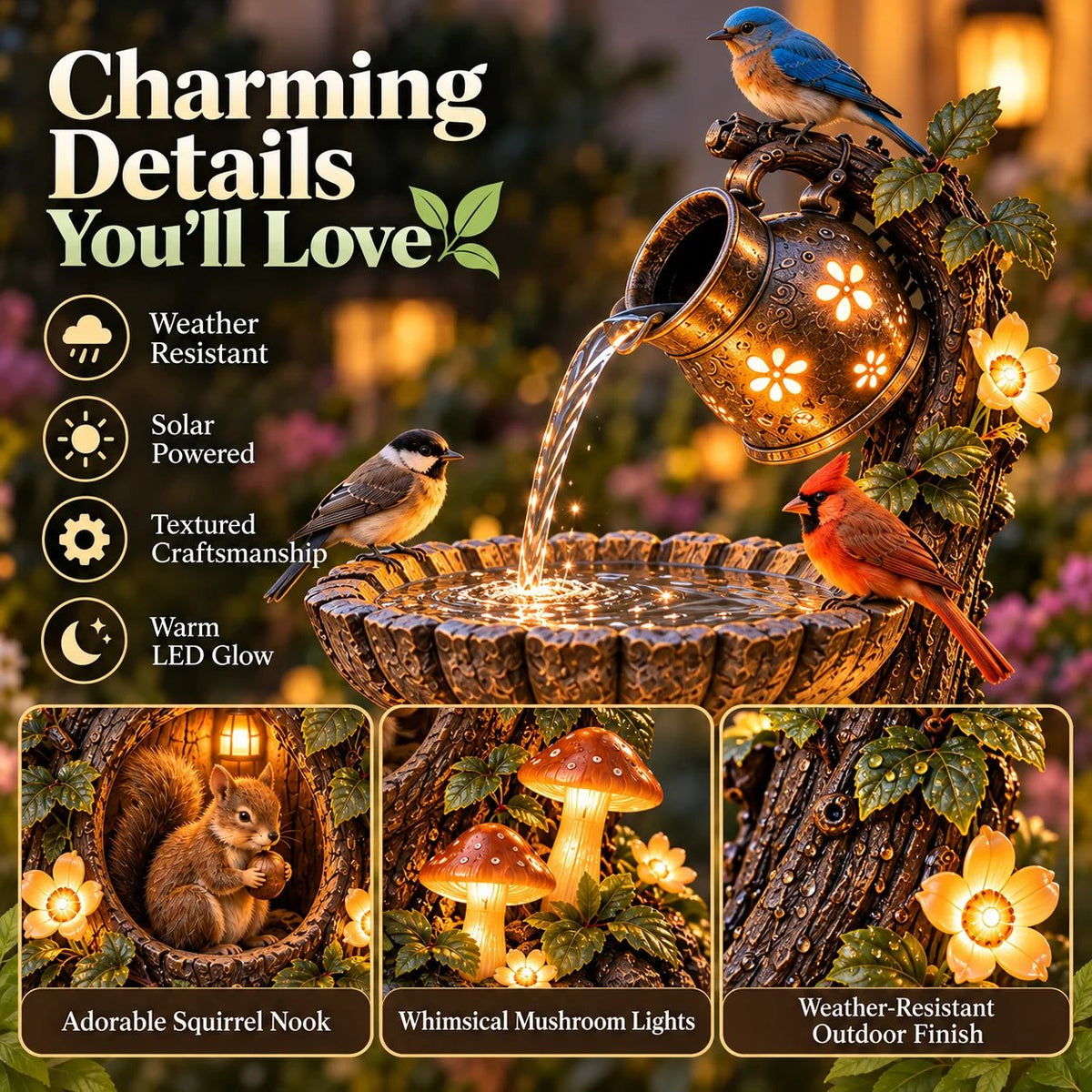 🐿️ Solar Birdbath Fountain Garden Decor – A Cozy Wildlife Haven for Your Yard