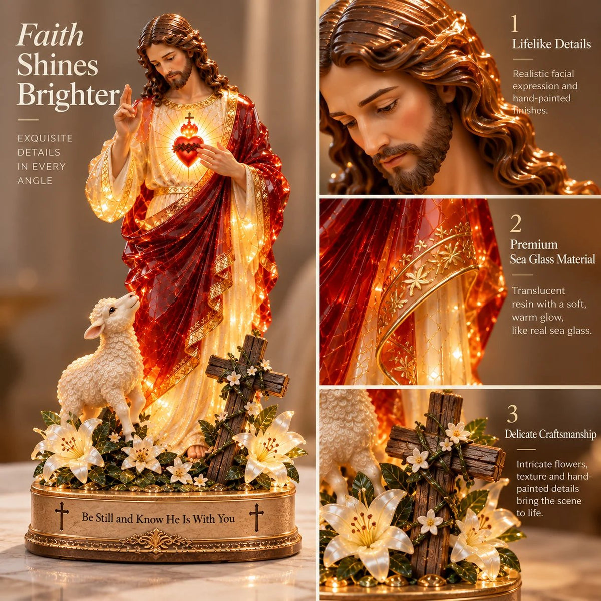 🔥 60,000+ Sold! ✝️ Jesus & Lamb Lighted Sea Glass Statue — A Beautiful Symbol of Faith