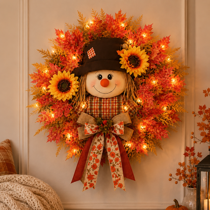 🔥🍁 Fall Favorite – Lighted Scarecrow Front Door Wreath (🔥With lights)