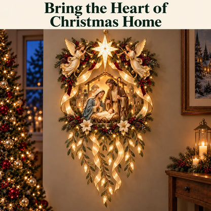 ✨ Holy Night Glow – Lighted Nativity Wall Décor With Angels & Cascading Ribbons 🎄